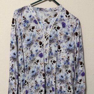 Women's Lace Shalwar Kameez And Pant Cord Set White Blue Floral Print Size XL